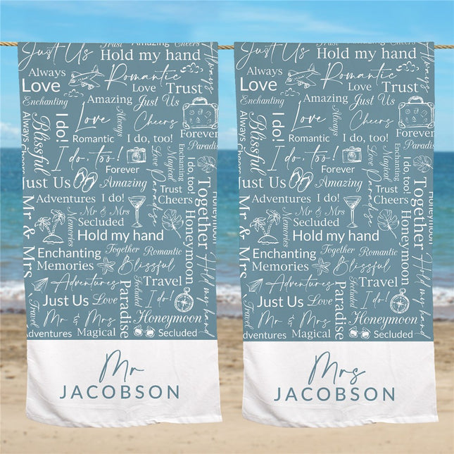 Personalized Mr Or Mrs Blue Word Art Beach Towel