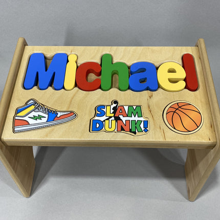 Natural Personalized Name & Symbol Puzzle Stool - Basketball