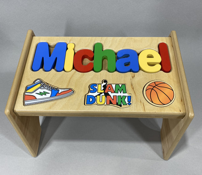 Natural Personalized Name & Symbol Puzzle Stool - Basketball