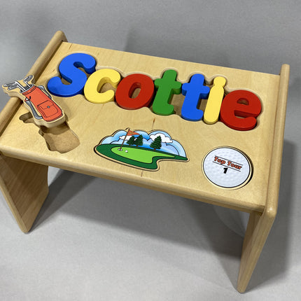 Natural Personalized Name & Symbol Puzzle Stool - Golf