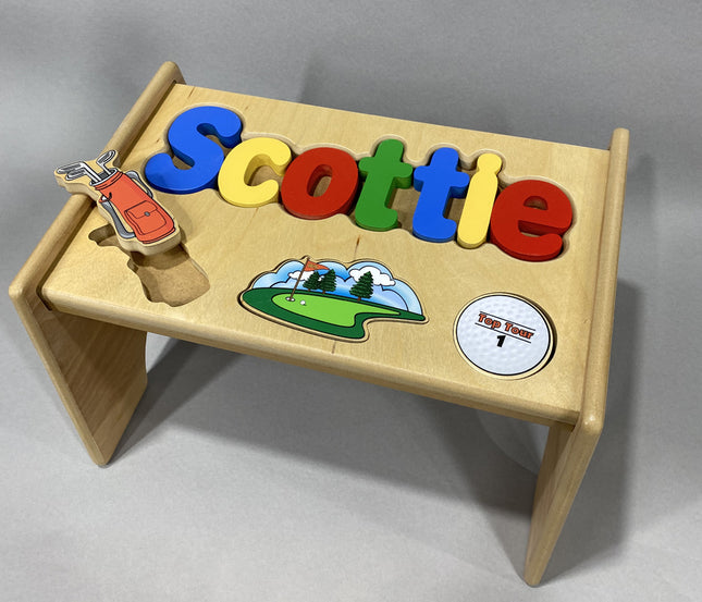 Natural Personalized Name & Symbol Puzzle Stool - Golf