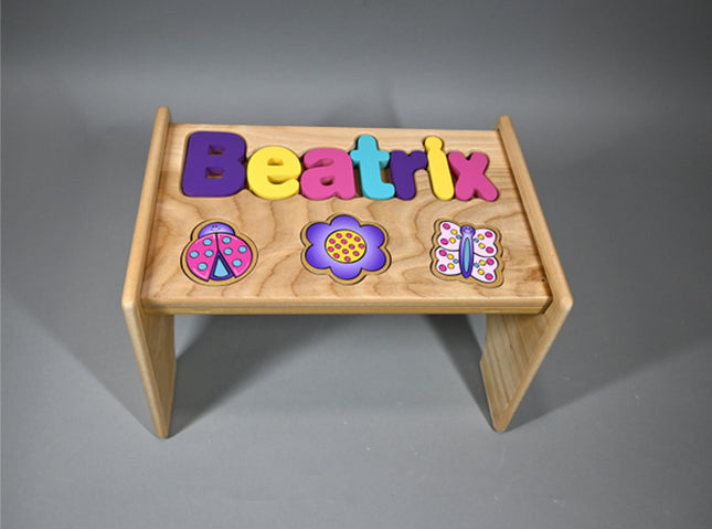 Natural Personalized Name & Symbol Puzzle Stool - Jewel Garden Shapes