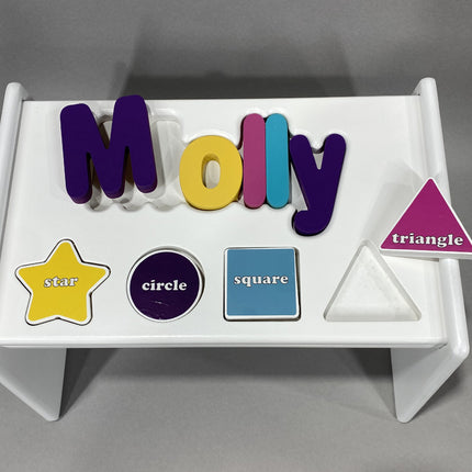 White Personalized Name & Symbol Puzzle Stool - Jewel Shapes