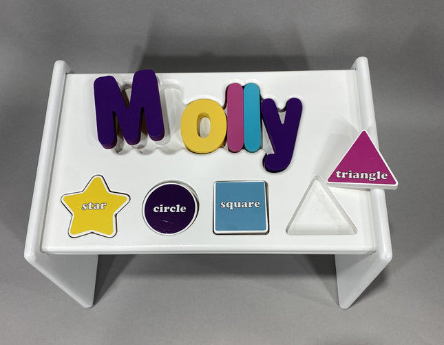 White Personalized Name & Symbol Puzzle Stool - Jewel Shapes