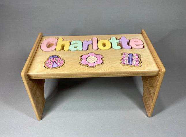 Natural Personalized Name & Symbol Puzzle Stool - Pastel Garden Shapes