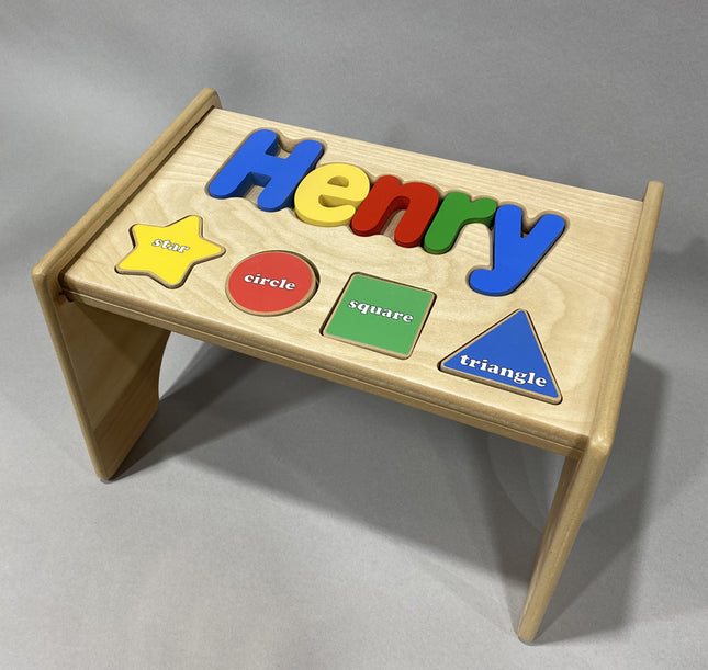 Natural Personalized Name & Symbol Puzzle Stool - Primary Shapes