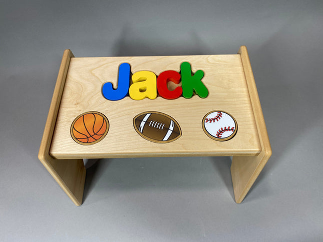 Natural Personalized Name & Symbol Puzzle Stool - Primary Sports Shapes