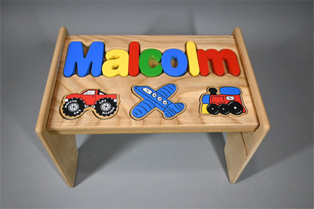 Natural Personalized Name & Symbol Puzzle Stool - Transportation Primary Shapes
