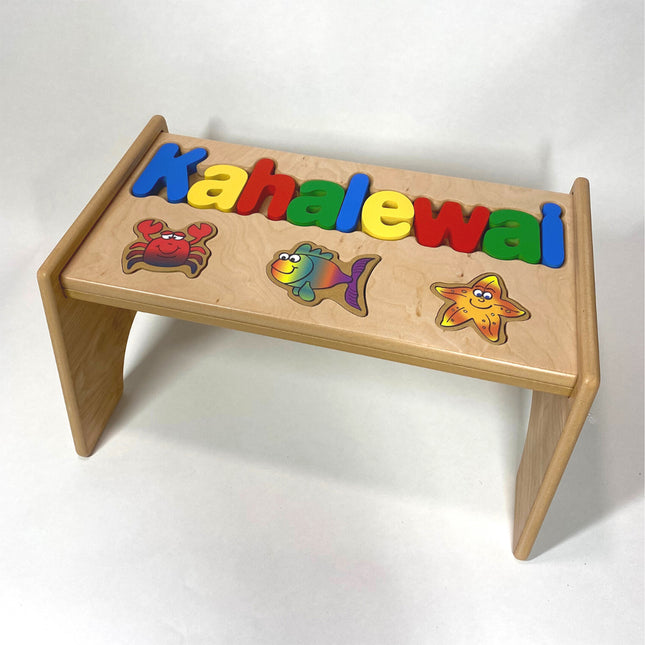 Natural Personalized Name & Symbol Puzzle Stool - Sea Primary Shapes