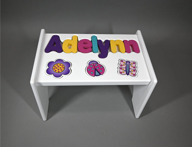White Personalized Name & Symbol Puzzle Stool - Jewel Garden Shapes