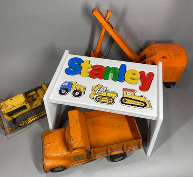 White Personalized Name & Symbol Puzzle Stool - Construction Primary Shapes