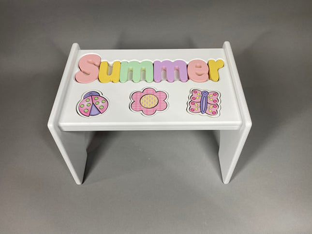 White Personalized Name & Symbol Puzzle Stool - Pastel Garden Shapes