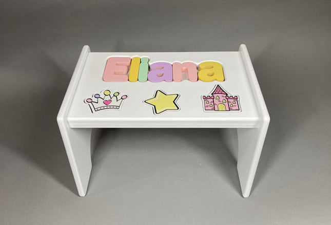 White Personalized Name & Symbol Puzzle Stool - Pastel Princess Shapes