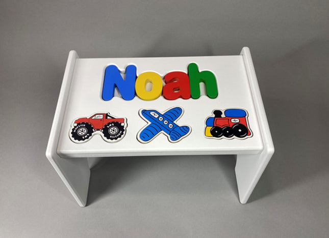 White Personalized Name & Symbol Puzzle Stool - Transportation Primary Shapes