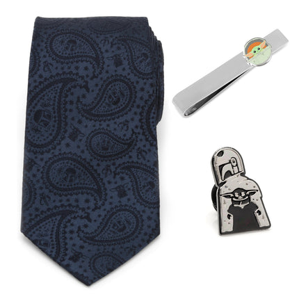 The Mandalorian and Grogu Paisley Tie, Grogu Tie Bar and Lapel Pin Set