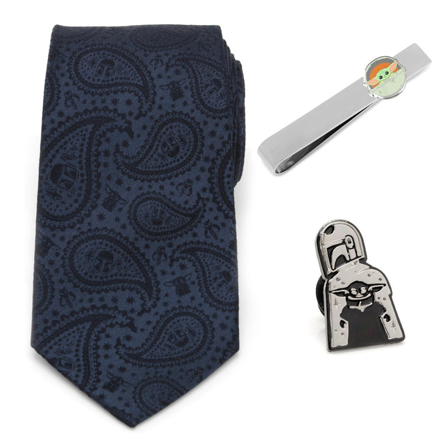 The Mandalorian and Grogu Paisley Tie, Grogu Tie Bar and Lapel Pin Set