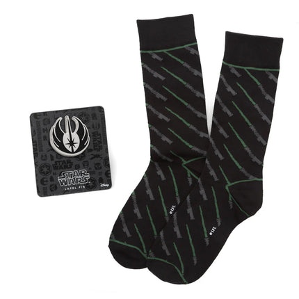 Star Wars Green LIGHTSABER Dress Socks with Jedi Crest Lapel Pin Set