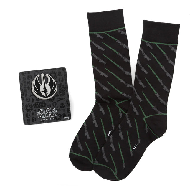 Star Wars Green LIGHTSABER Dress Socks with Jedi Crest Lapel Pin Set