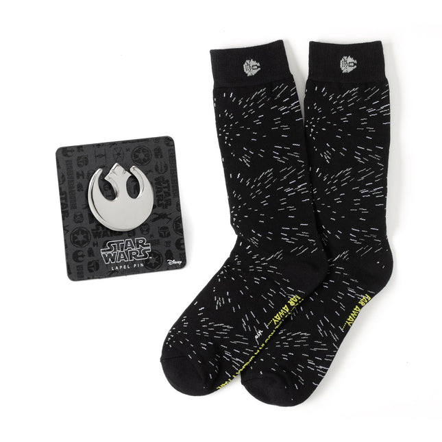Star Wars Hyperspace Black Dress Socks and Rebel Crest Lapel Pin Set