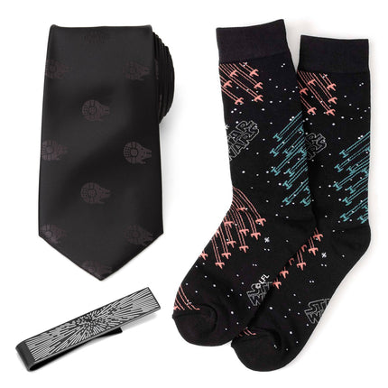 Millennium Falcon Black Tie, X-Wing and Tie Fighter Battle Socks, and Hyperspace Glow-in-the-Dark Tie Bar Set