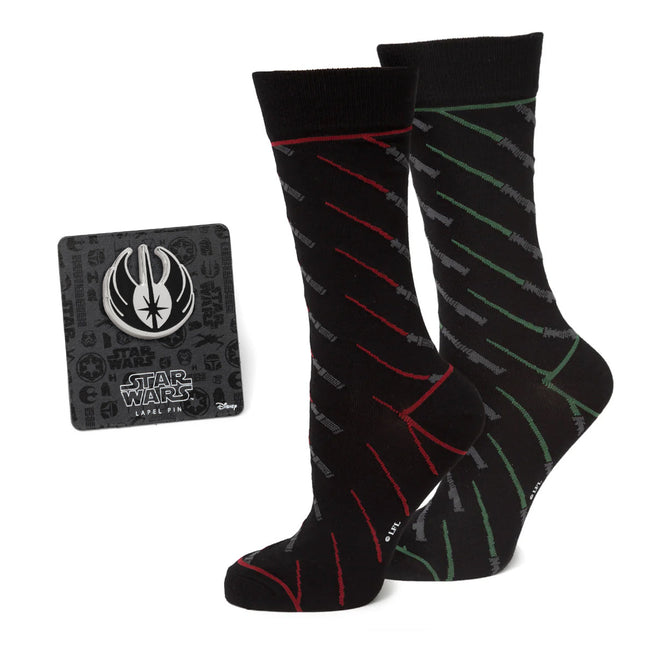 Star Wars Green and Red LIGHTSABER Socks with Jedi Crest Lapel Pin Set