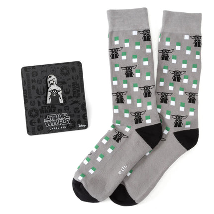 Star Wars Mandalorian and Grogu Gray Dress Socks and Lapel Pin Set