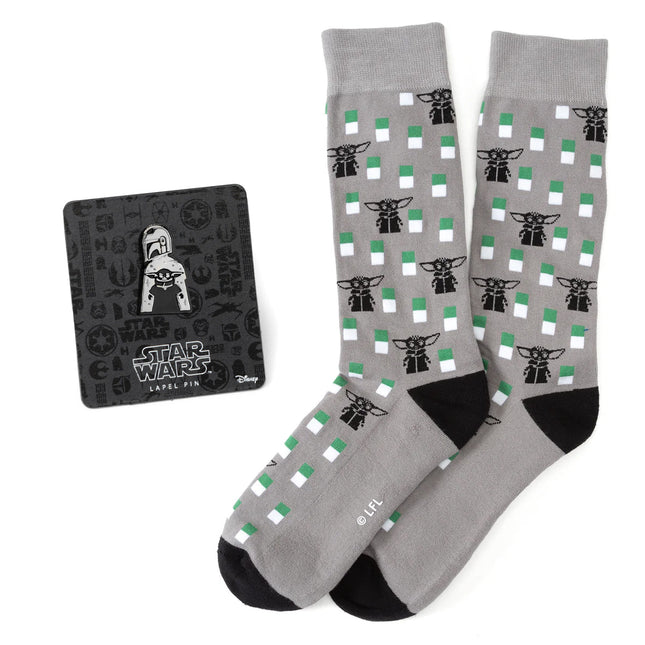 Star Wars Mandalorian and Grogu Gray Dress Socks and Lapel Pin Set