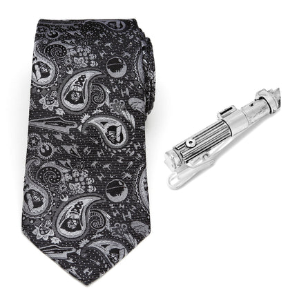 Darth Vader Black and Gray Paisley Tie and LIGHTSABER Tie Clip Set