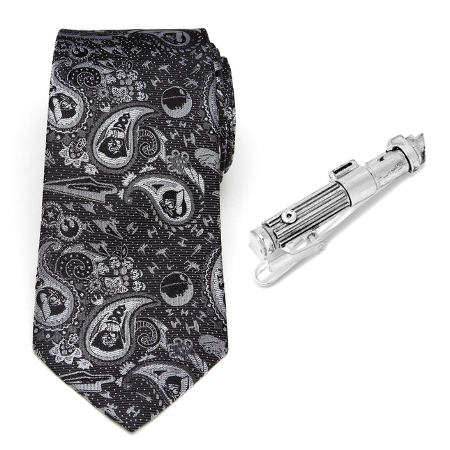 Darth Vader Black and Gray Paisley Tie and LIGHTSABER Tie Clip Set