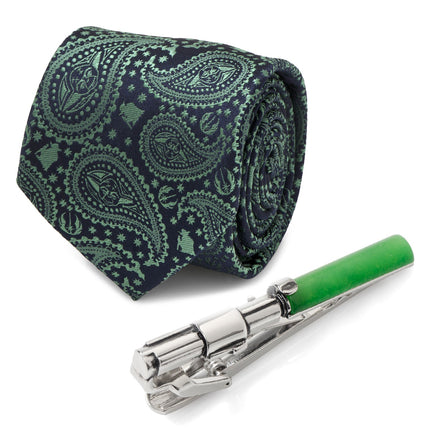 Yoda Green and Blue Paisley Tie and LIGHTSABER Tie Clip Set
