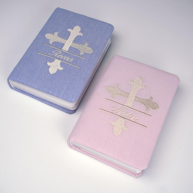 Personalized Baby’s First Bible In Microstripe Cotton with Large Cross