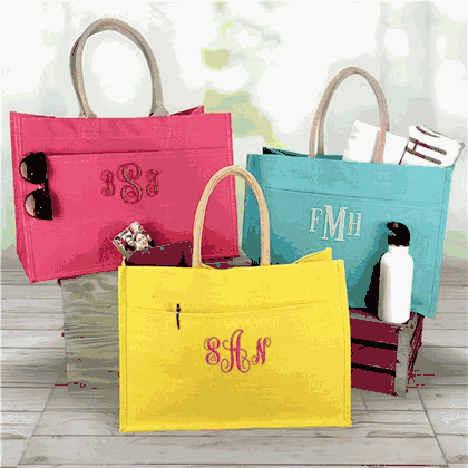 Embroidered Monogram Jute Tote Bag