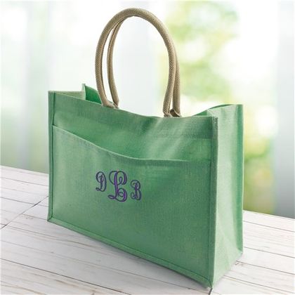 Embroidered Monogram Jute Tote Bag
