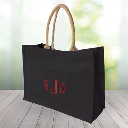 Embroidered Monogram Jute Tote Bag