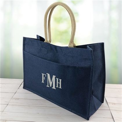 Embroidered Monogram Jute Tote Bag