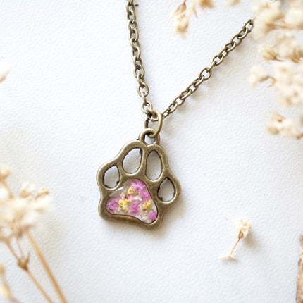 Real Dried Flowers in Resin Necklace, Dog Paw in Pink Yellow White