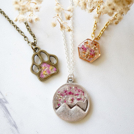 Real Dried Flowers in Resin Necklace, Dog Paw in Pink Yellow White