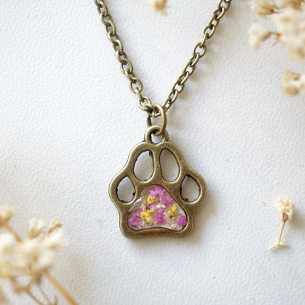 Real Dried Flowers in Resin Necklace, Dog Paw in Pink Yellow White
