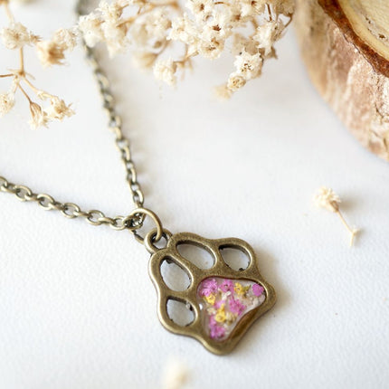 Real Dried Flowers in Resin Necklace, Dog Paw in Pink Yellow White