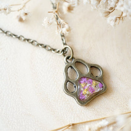 Real Dried Flowers in Resin Necklace, Dog Paw in Pink Yellow White