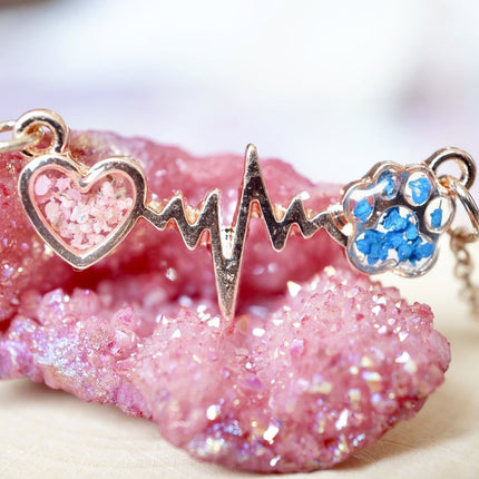 Real Pressed Flowers in Resin, Gold Dog Necklace in Blue and Pink