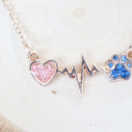 Real Pressed Flowers in Resin, Gold Dog Necklace in Blue and Pink