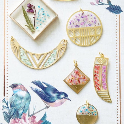 Real Pressed Flowers in Resin, Gold Dog Necklace in Blue and Pink
