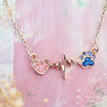 Real Pressed Flowers in Resin, Gold Dog Necklace in Blue and Pink