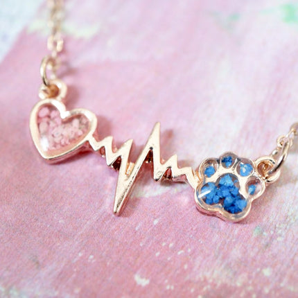 Real Pressed Flowers in Resin, Gold Dog Necklace in Blue and Pink