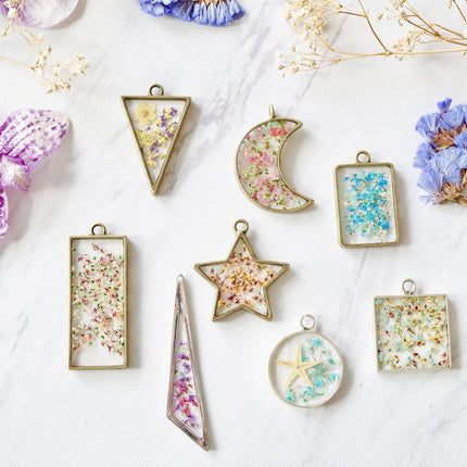 Real Pressed Flowers in Resin, Gold Dog Necklace in Blue and Pink