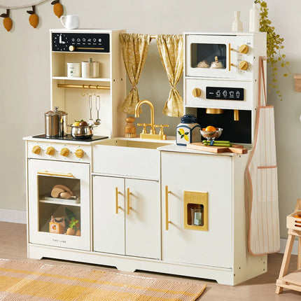 Tiny Land Iconic Wooden Play Kitchen - Cream Pretend Cooking Set for Kids