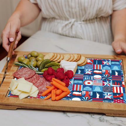 America250 Multiple Red, White, Blue - Ventana Tempered Glass and Acacia Cheese Board and Knife Set