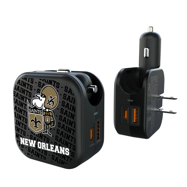 New Orleans Saints Historic Collection Text Backdrop 2 in 1 USB A/C Charger