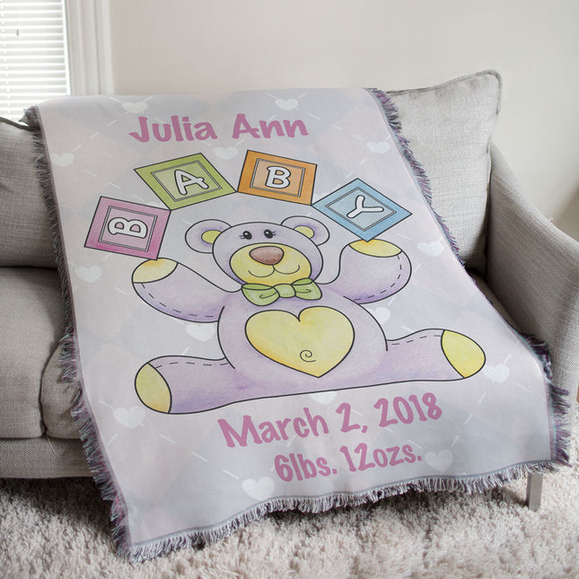 Personalized Baby Girl Teddy Bear Tapestry Throw